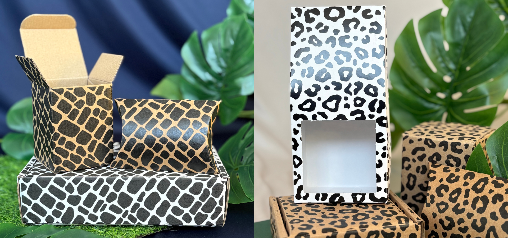 Two decorative boxes with animal print patterns on a green leafy background.