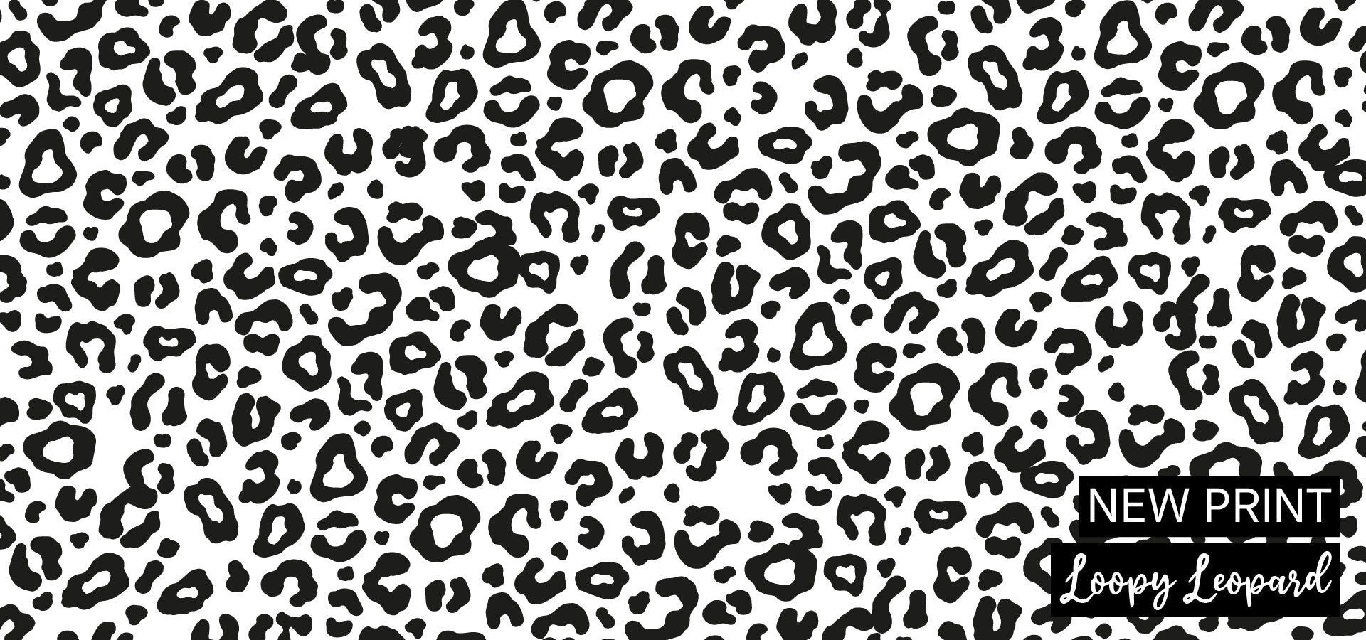 Leopard print pattern with 'New Print Loopy Leopard' text on a white background