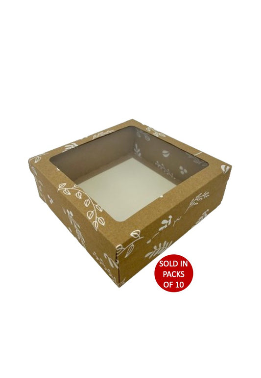 Bento Cake Box (Kraft) 250x250x90mm (Botanical) (Pack of 10)