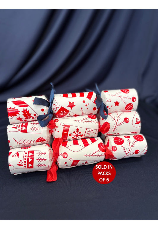 Printed DIY White Crackers (Red Tinsel Toes) Pack of 6