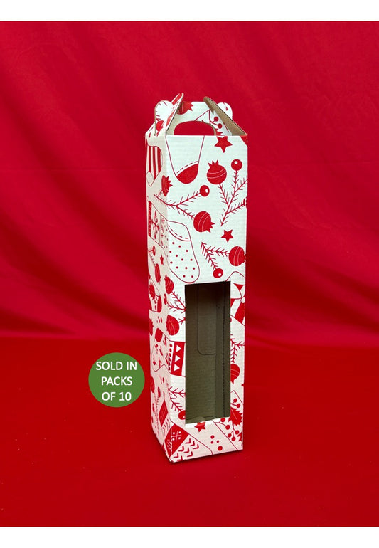 White Single Bottle Wine Box with Handle (Red Tinsel Toes) (Pack of 10)