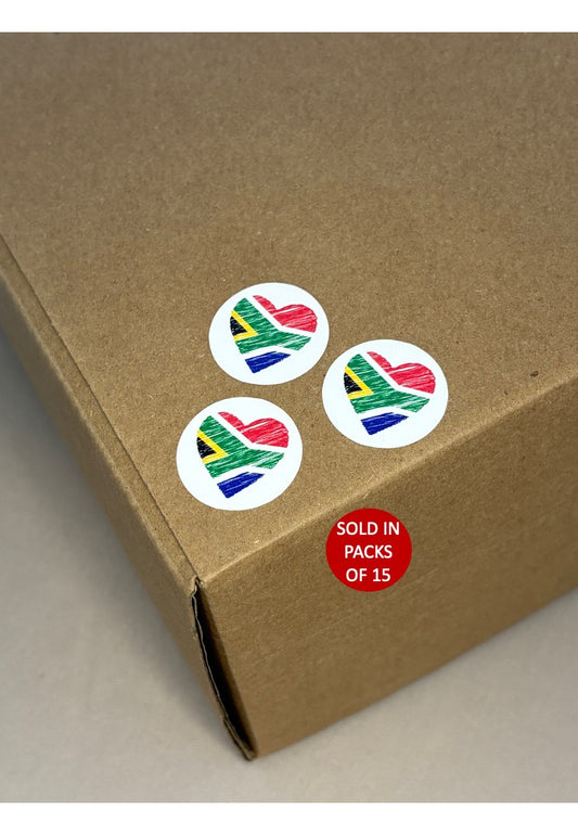 Brown box with South African flag stickers and a red label indicating quantity sold.