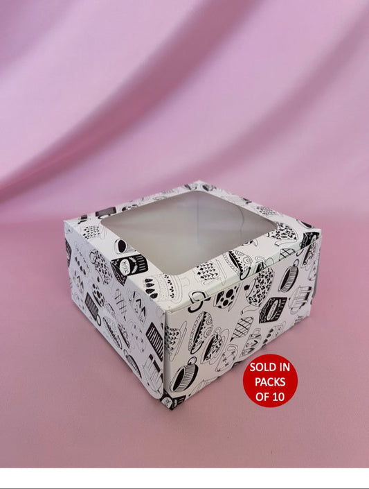 4 Cupcake Box (White) 155x155x85mm (Black Sips 'n Sweets) (Pack of 10)
