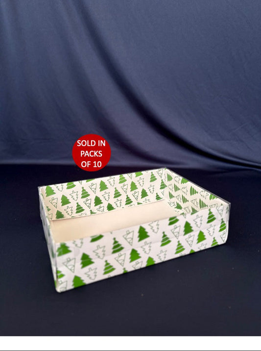 White Hamper Box (300x220x80mm) Green Christmas Trees (Pack of 10)