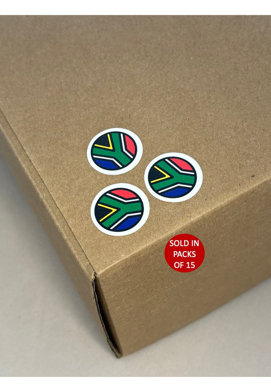 Stickers with a South African flag design on a cardboard box.