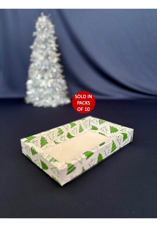 Rectangle Chocolate Box (White) 139x217x30mm (Green Christmas Trees) (Pack of 10)