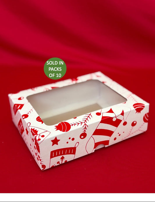 White Biscuit Box with Window (Red Tinsel Toes)175x135x50mm (Pack of 10)