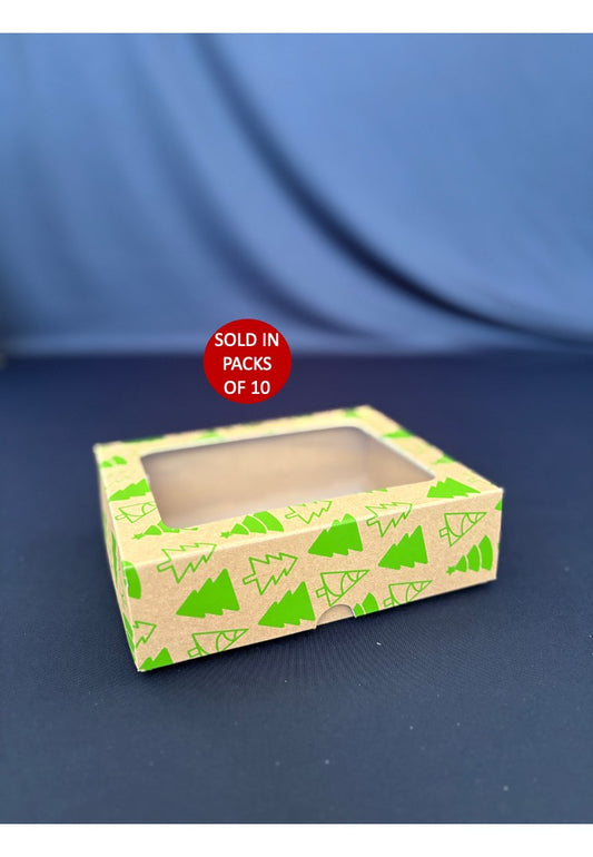 Kraft Biscuit Box with Window (Green Christmas Trees) (Pack of 10)