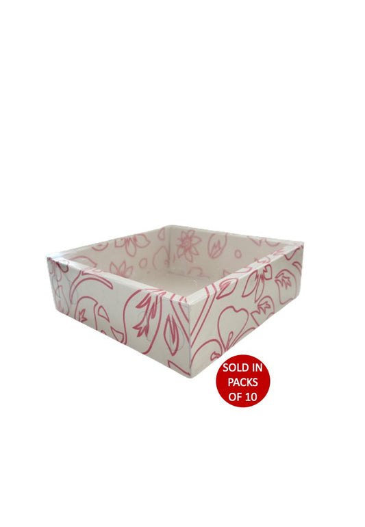 Square Cookie Box (White) 190x190x60mm (Pink Flowers)