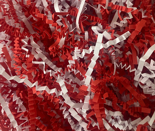 Red and white crinkle shredded paper box filler 100 gram