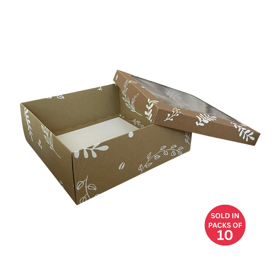 Bento Cake Box (Kraft) 250x250x90mm (Botanical) (Pack of 10)