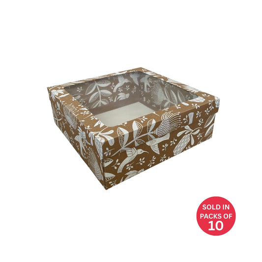Bento Cake Box (Kraft) 250x250x90mm (White Fynbos Fantasy)  (Pack of 10)