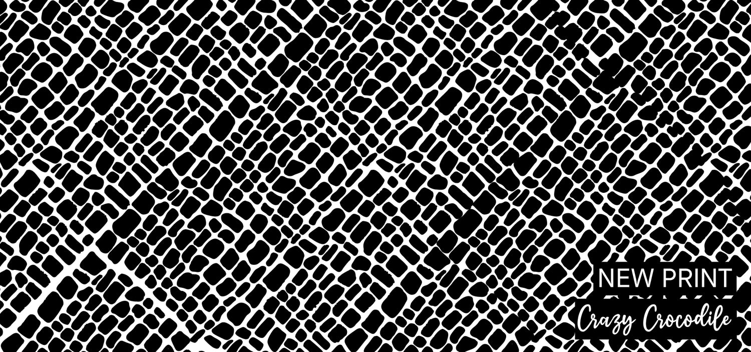 Black and white crocodile skin pattern with 'New Print' and 'Crazy Crocodile' text.
