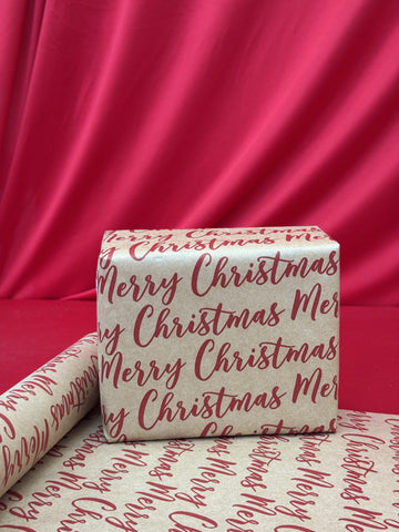 Merry Christmas (Red on Kraft) Gift Wrap (10m x 500mm)