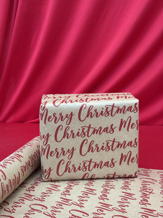 Merry Christmas (Red on Kraft) Gift Wrap (10m x 500mm)