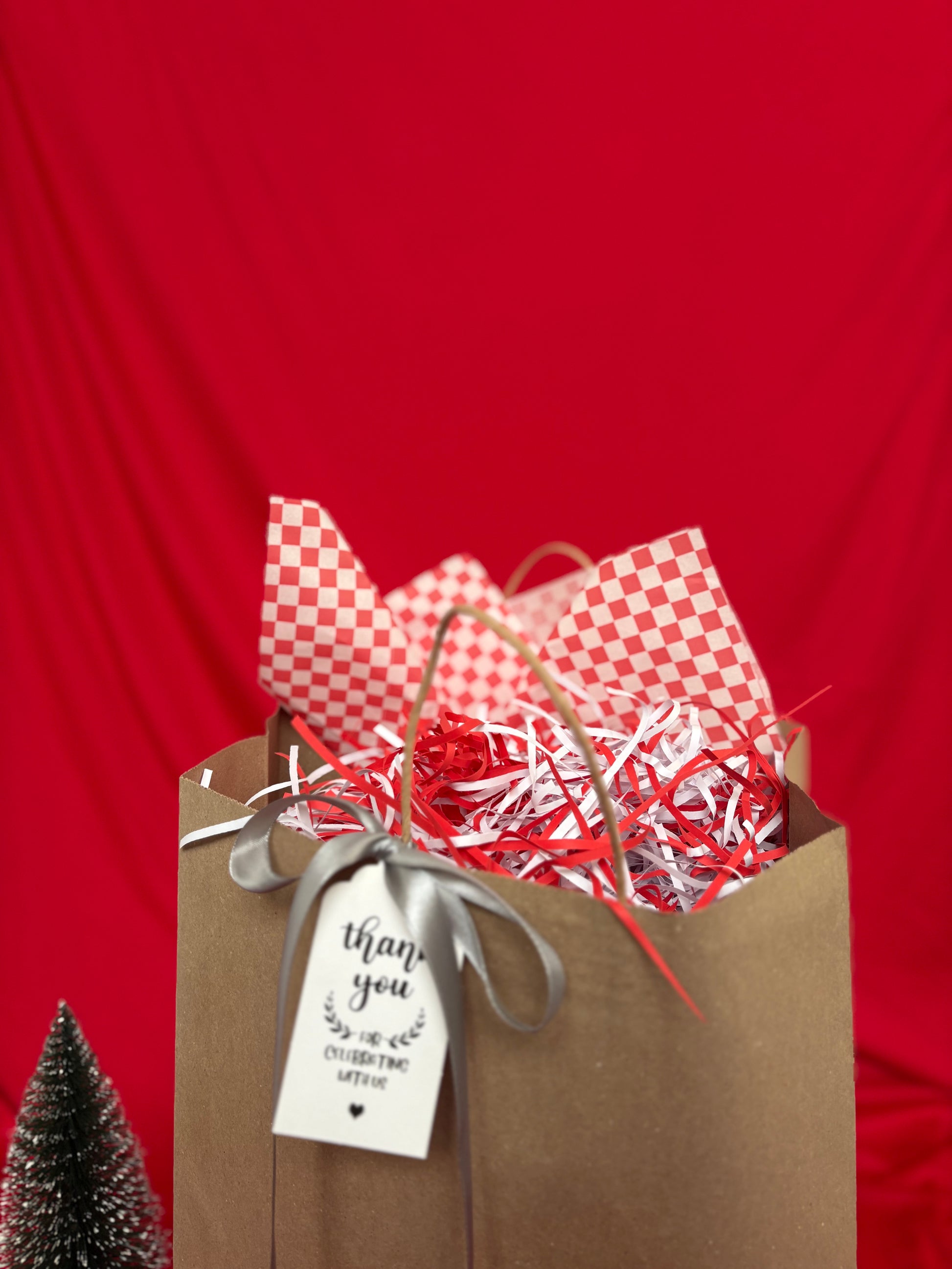 Gift bag with red and white checkered paper, red and white shredded paper, and a 'thank you' tag on a red background.