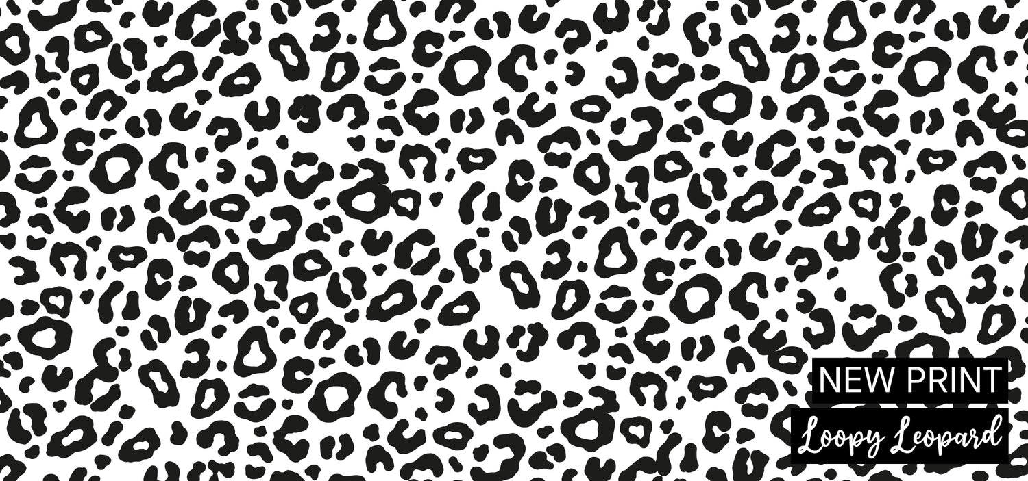 Leopard print pattern with 'New Print Loopy Leopard' text on a white background