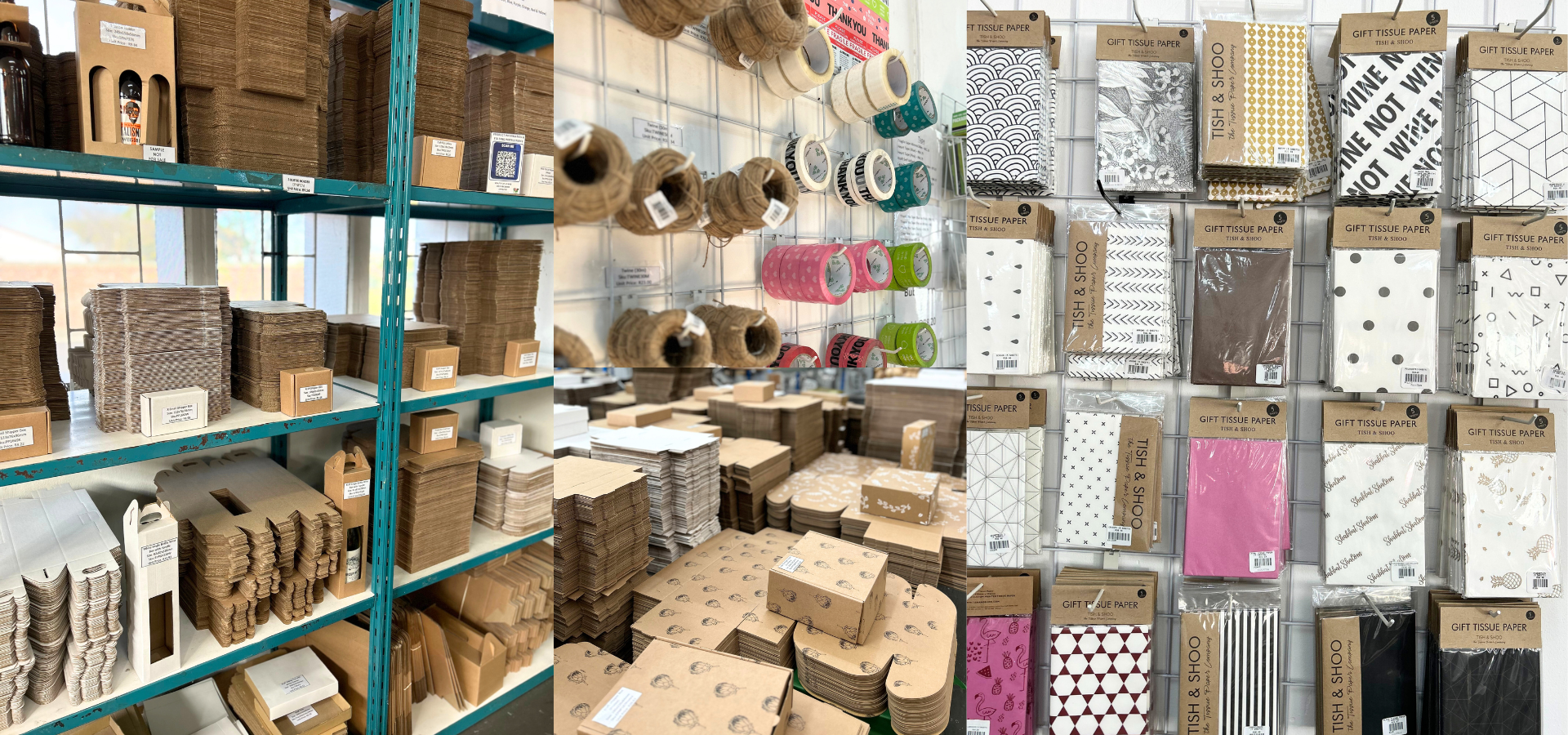 Storage shelves with cardboard boxes, a warehouse setting with boxes on the floor, and a wall display of various boxes.