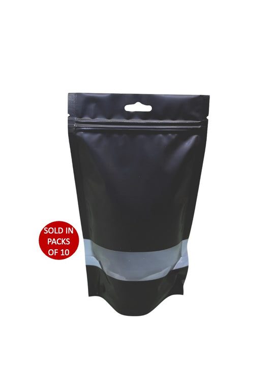 Black Stand Up Pouch with Window (130x220mm) (Pack of 10)