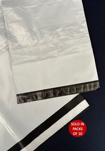 Clear plastic bags with black sealing strip on a dark background, sold in packs of 10.
