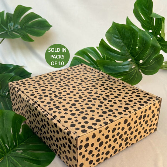 Leopard print box with green leaves on a light background