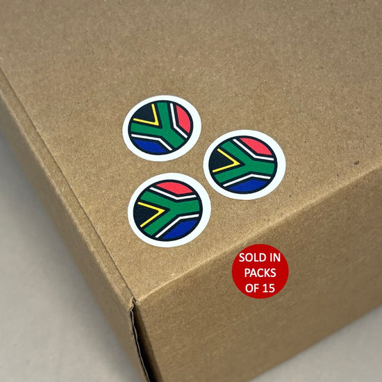 Stickers with a South African flag design on a cardboard box.