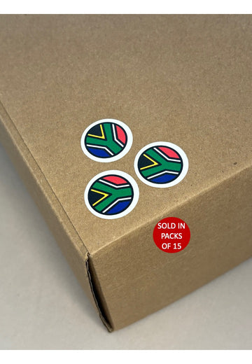 Stickers with a South African flag design on a cardboard box.