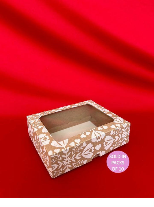 Kraft Biscuit Box with Window (White Heart Blooms) 175x135x50mm (Pack of 10)