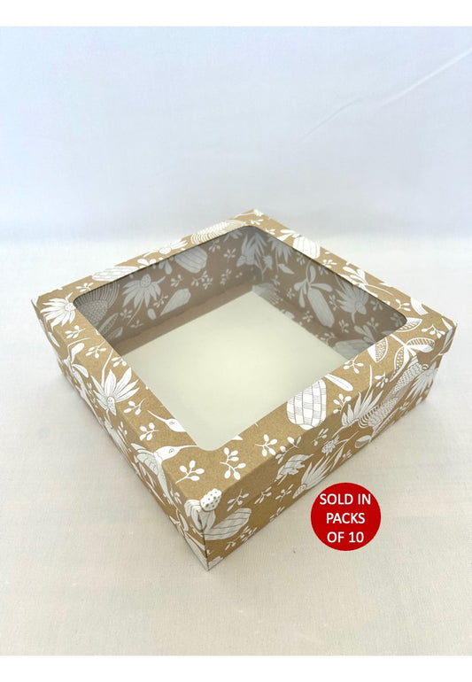 Bento Cake Box (Kraft) 250x250x90mm (White Fynbos Fantasy)  (Pack of 10)