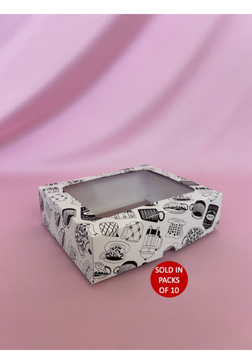 White Biscuit Box with Window (Black Sips 'n Sweets) 175x135x50mm (Pack of 10)