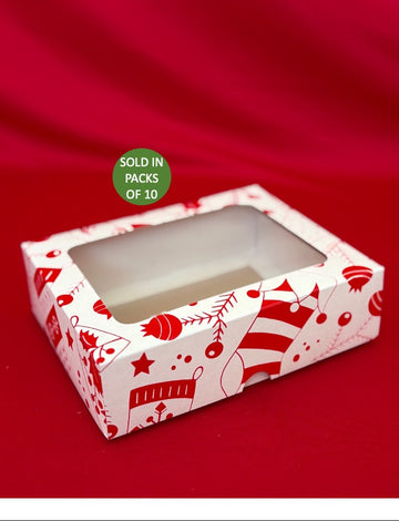 White Biscuit Box with Window (Red Tinsel Toes)175x135x50mm (Pack of 10)