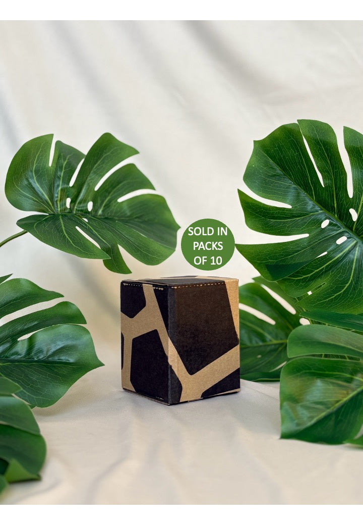 Decorative box with geometric pattern surrounded by large green leaves on a light background