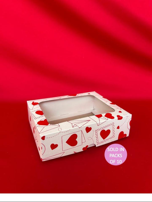 White Biscuit Box with Window (Red Love Letters) 175x135x50mm (Pack of 10)