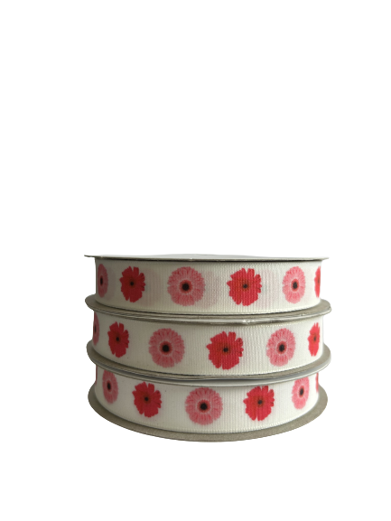15mm x 20m Taffeta Ribbon (Pink Daisies)